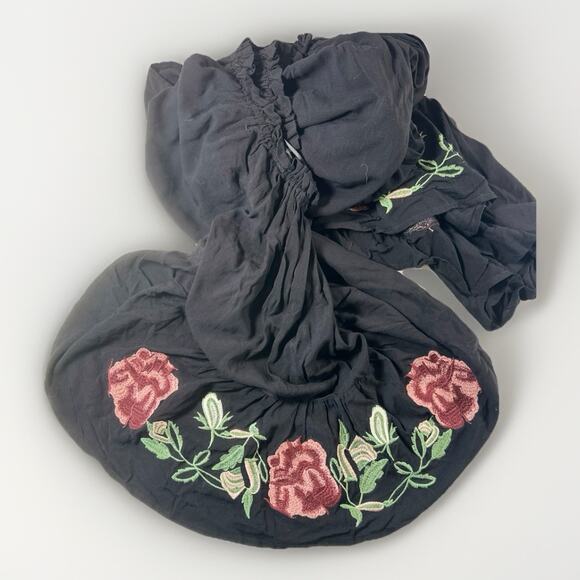 Blue Rain Women’s Black Boho Peasant Dress Small Bell Sleeves Floral Embroidered - Picture 6 of 7